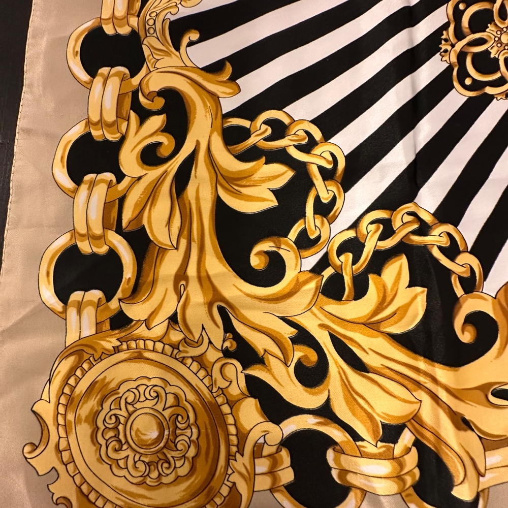 Baroque Gold Silk Scarf Black Ivory | Luxury Satin Square - Picture 4 of 4